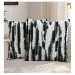 Striped Faux Fur Decorative Throw Pillow - White & Dark Gray
